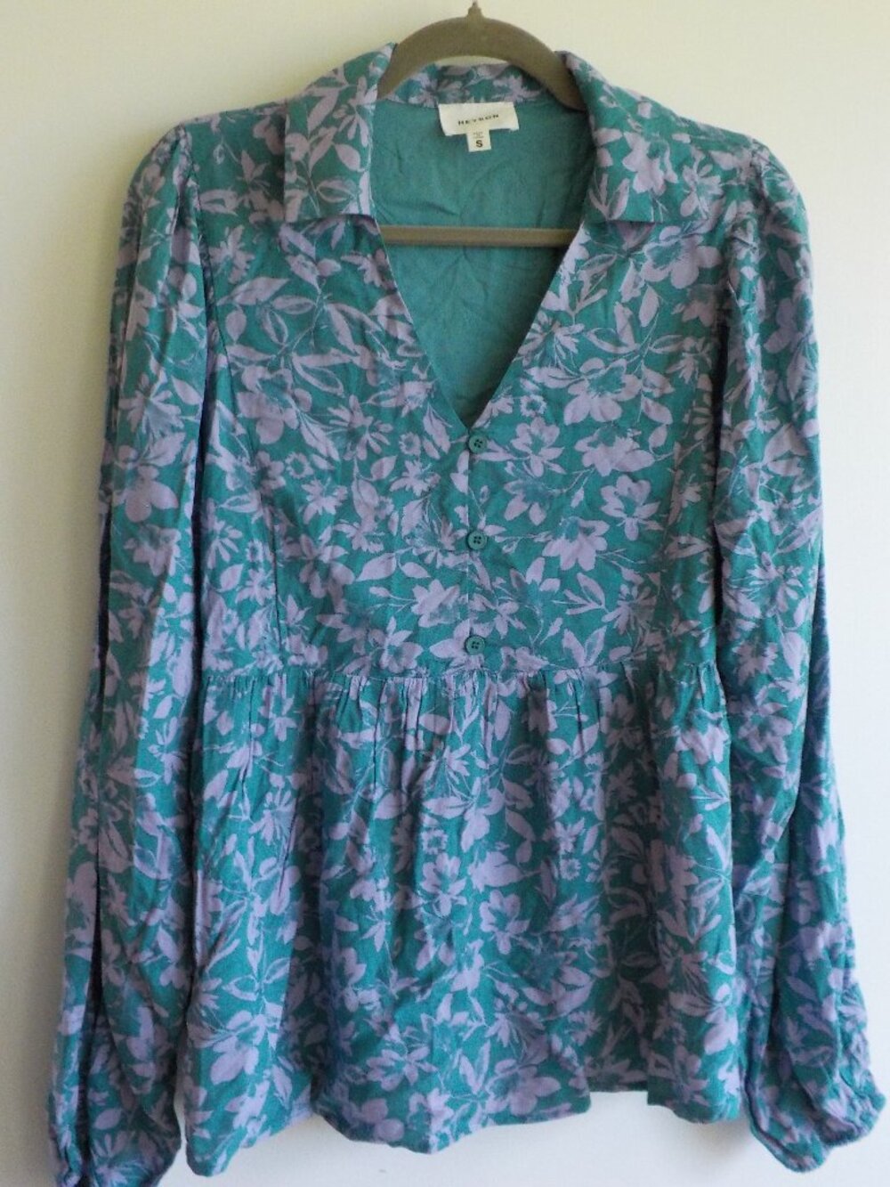 Heyson Blouse - Small - Green/Purple Boho Baby Doll Long Sleeve (2403)